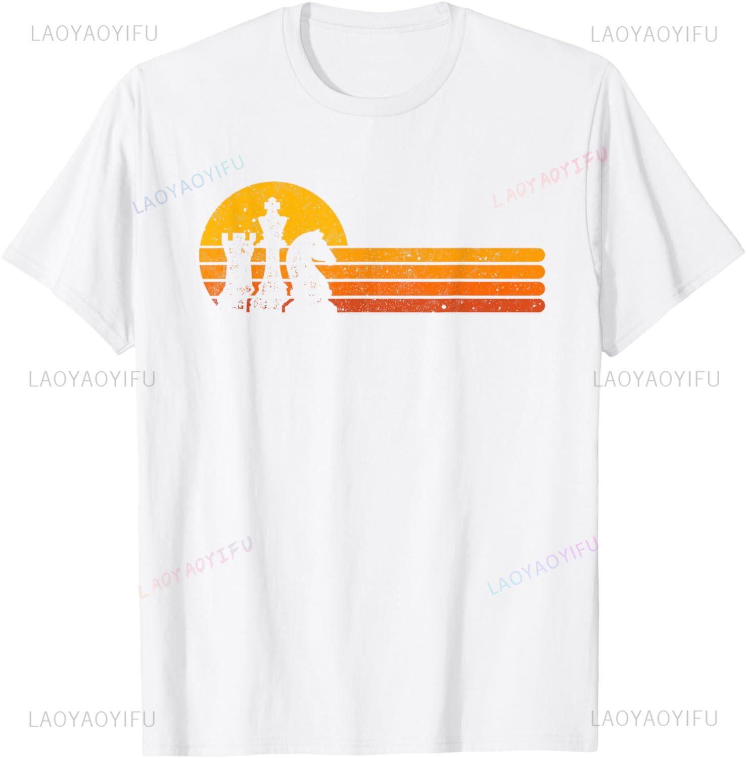 

Vintage Chess Player Retro Sunset Design Chess Pieces TShirt Summer shortsleeved crewneck fashion shirt S