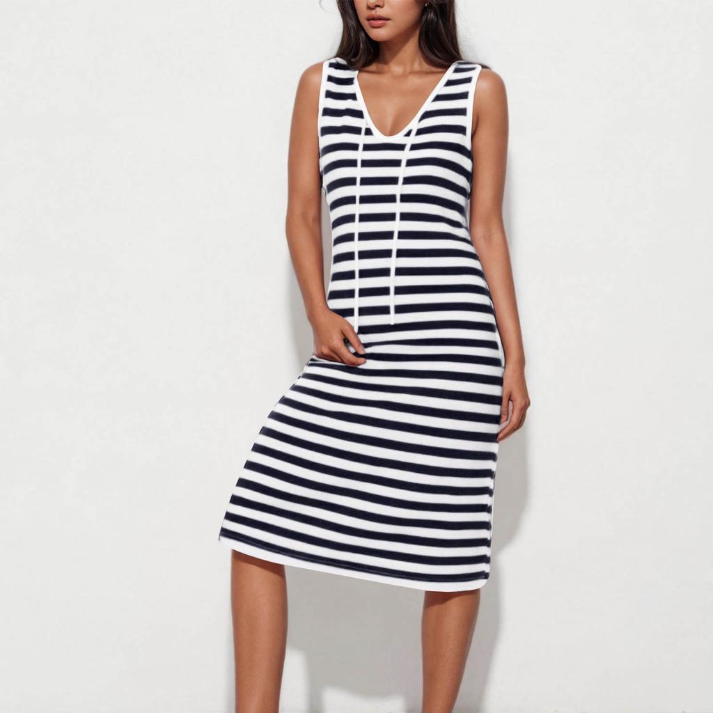 Ladies' Casual Loose Drawstring Sexy Striped V-neck Contrasting Sleeveless Dress