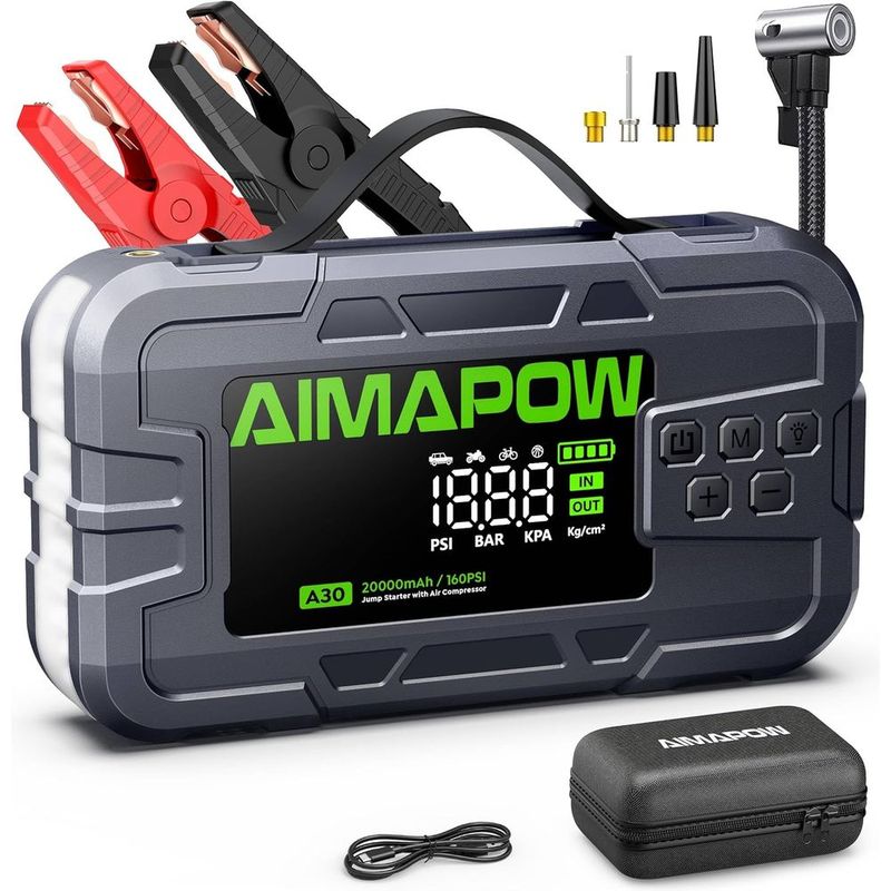 6000A 160PSI Portable Air Compressor Jump Starter for Gas/12L Vehicles, 12V Car Jump Box with Iator, Quick Charge  270° LED Lig