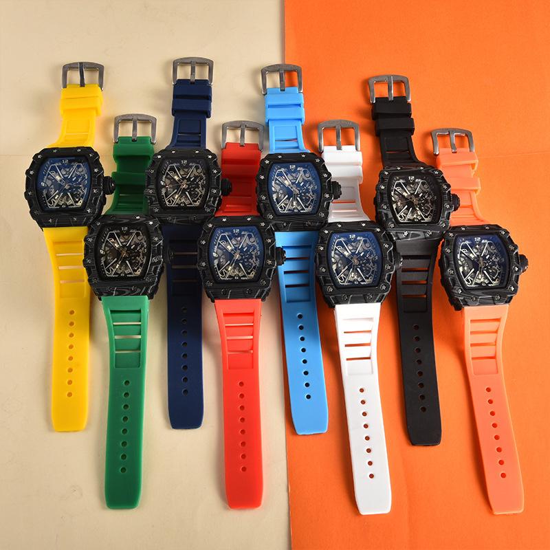 Vibrant Wine Barrel Shape Quartz Watch with Carbon Fiber Hollow Design for Men