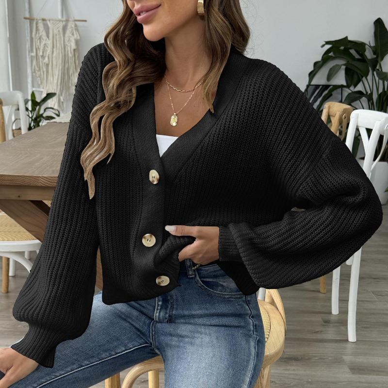 Women Casual Short V Neck Button Cardigan Knit Sweater Outerwear