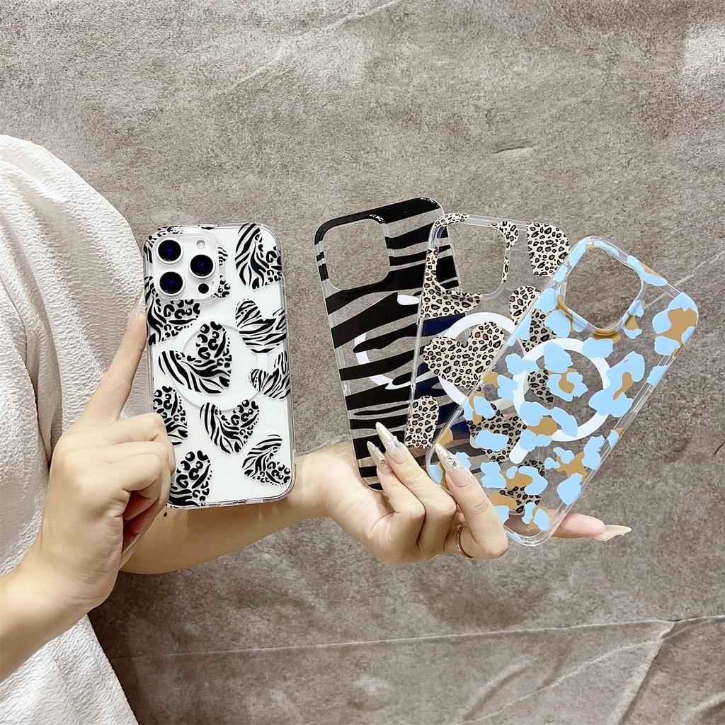 For iPhone 16 Pro Max Magnetic Case Hollow Leopard Print Design TPU PC Phone Back Cover