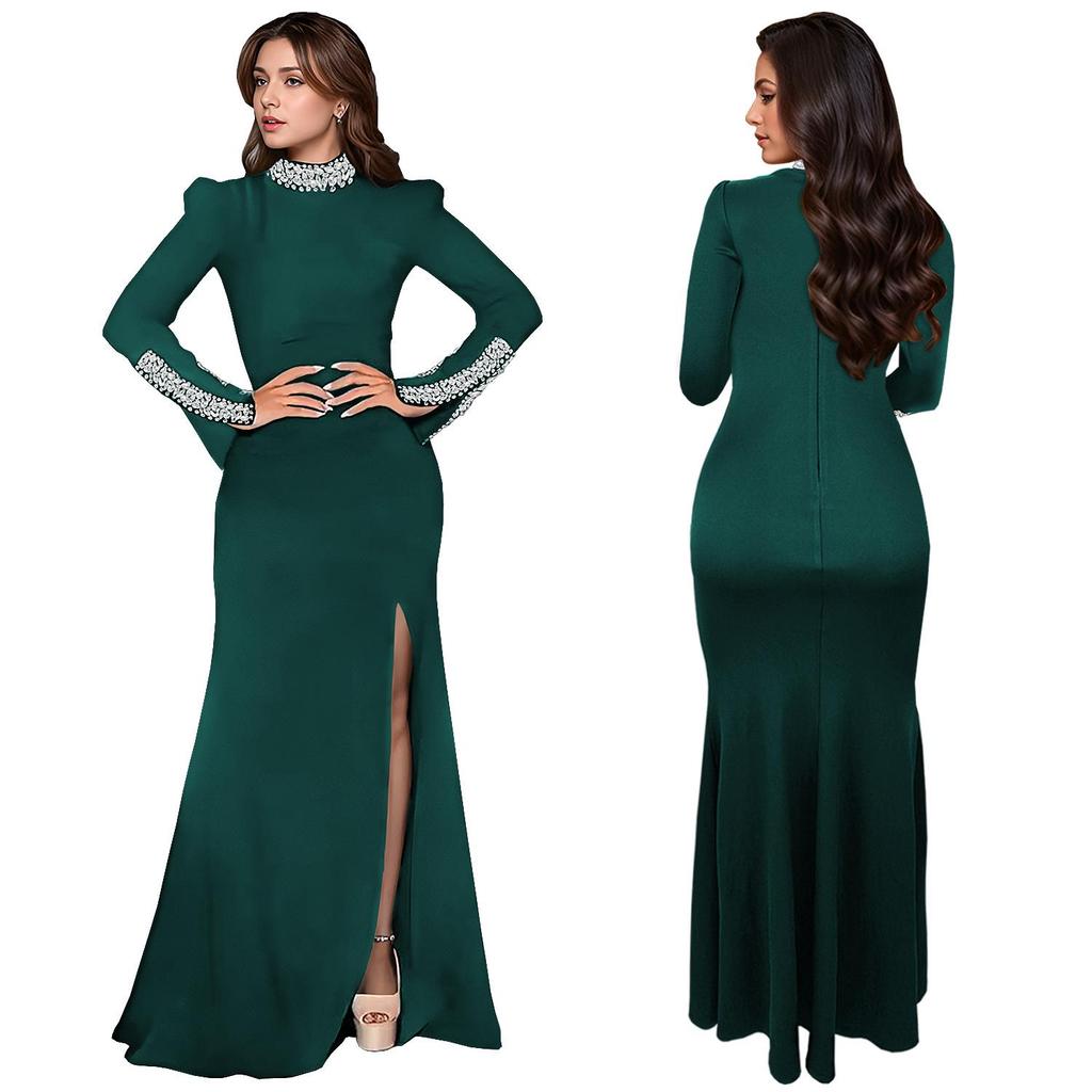 C7271 Women's Fashion Solid Color Long Sleeve Slit Dress with Hot Drilling