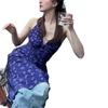 French blue v-neck neck dress women's summer vacation style waist halter hip skirt slim floral suspender skirt