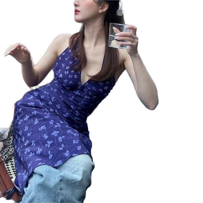 French blue v-neck neck dress women's summer vacation style waist halter hip skirt slim floral suspender skirt