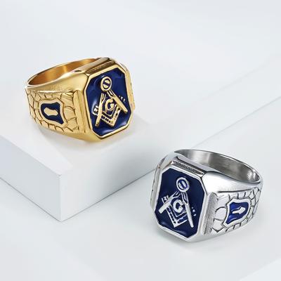 Mens Stainless Steel Freemason Ring Blue G Symbol Masonic Signet Biker Band Lodge Master Jewelry