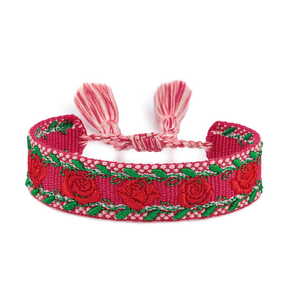 Floral Embroidery Woven Bracelet: European & American Style with Lily, Cherry Blossom, Rose
