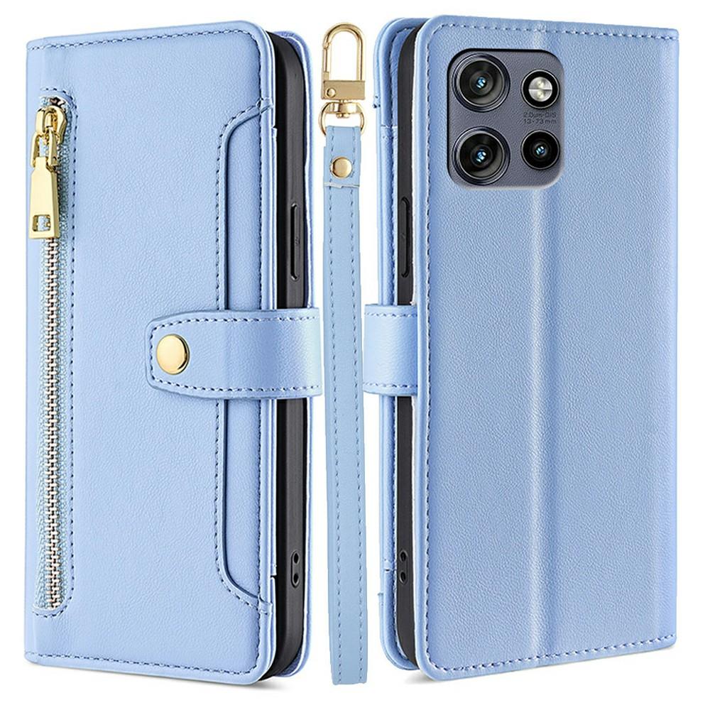 For Motorola Edge 50 Neo 5G Leather Case Zipper Pocket Wallet Phone Cover with 2 Straps