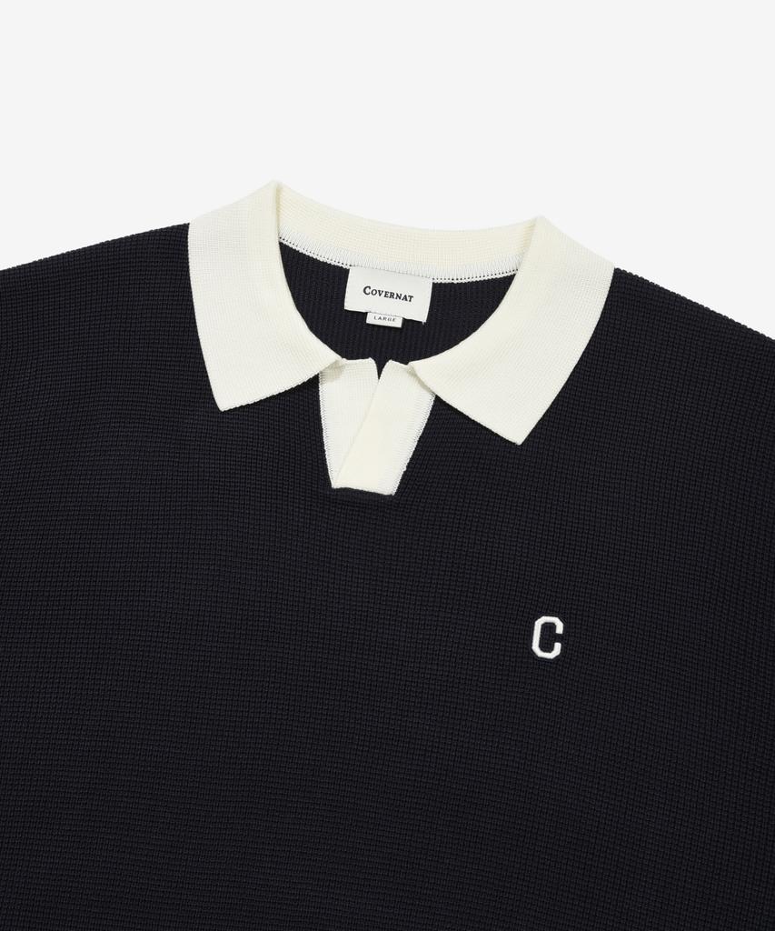 COVERNAT Open Collar Half Knit Navy