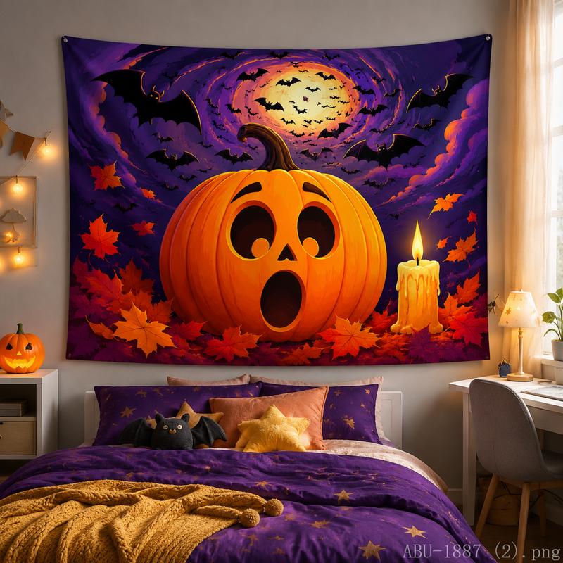 Dark Halloween Pumpkin Tapestry Big Spider Web Maple Leaf Autumn Night Wall Hanging Bedroom Dorm Holiday Decor Cloth