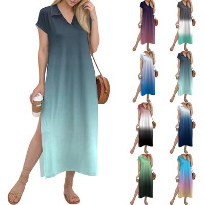 Damen Langer Rock Lässiges V-Ausschnitt Langes Hemdkleid Lockerer Schlitz Urlaub Kurzarmkleid