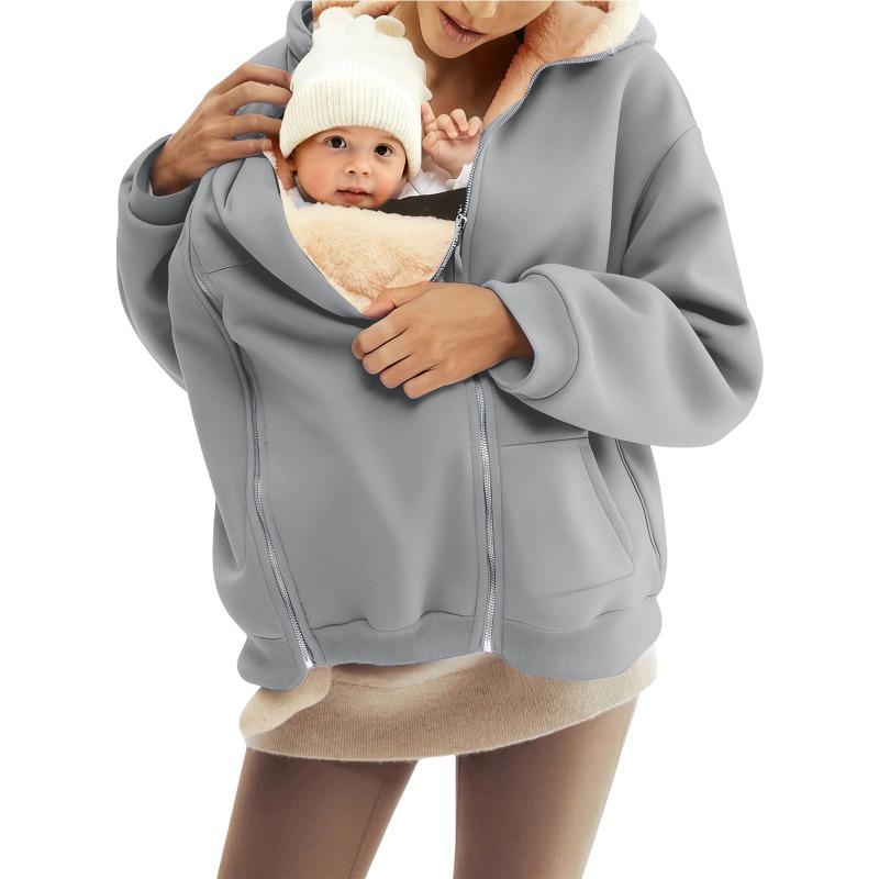 Women's Winter Maternity Baby Carrier Hoodie Fleece Lined Zip Up Kangaroo Pocket Jacket