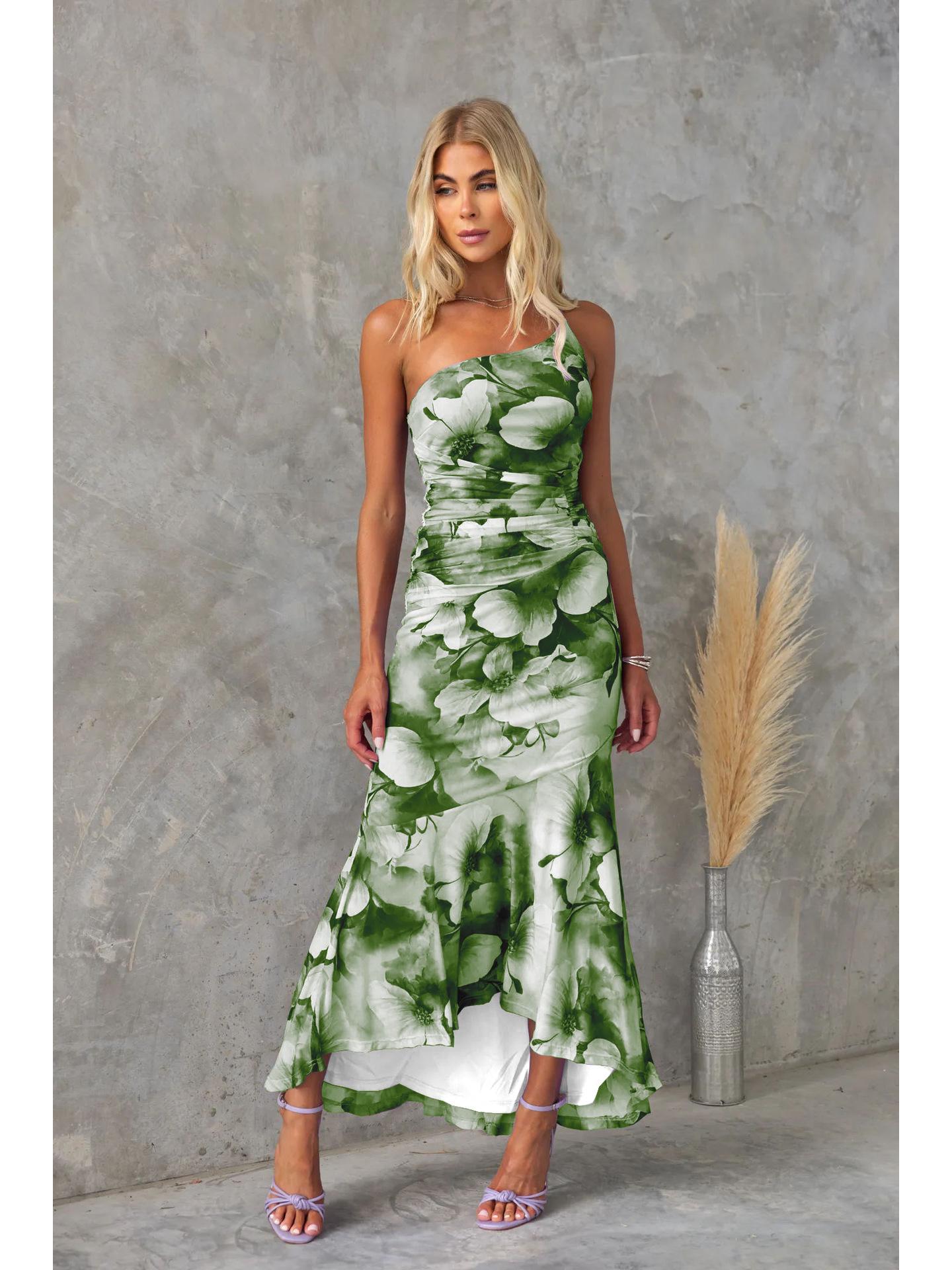 

Женское платье на одно плечо с эластичным принтом 2025 - Европейская и американская весенне-летняя коллекция Medium оливковое зеленый