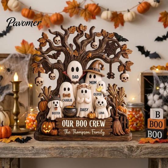 Spooky Party Decorations Halloween Ghost Family Wooden Plaque, Pumpkin Couple Tabletop Sign, Wood Table Ornaments Farmhouse Home Ornament for