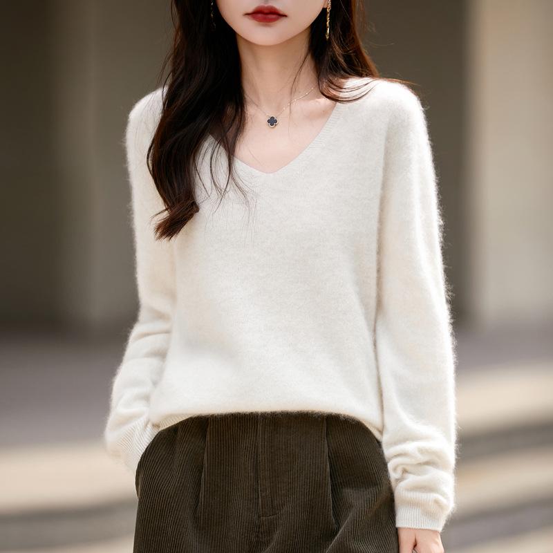 Autumn & Winter 100% Pure Wool V-Neck Loose Women's Knitted Sweater