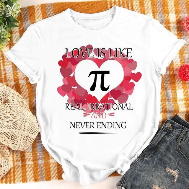 Women's round Collar Short Sleeve T-shirt INS Fashion Mathematical Formula Print Casual Summer Top Polyester Fabric