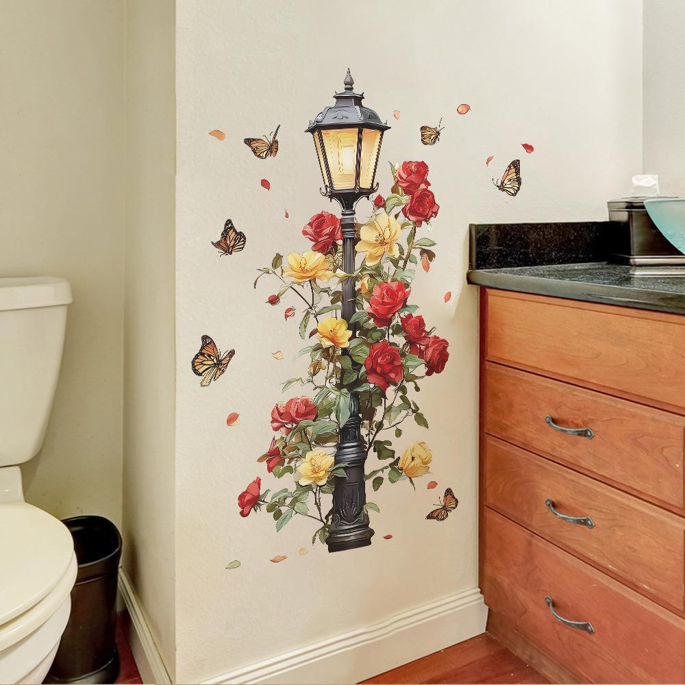 Lampione Stradale Vintage in PVC Ecologico con Rosa e Farfalla Adesivo Murale Rimovibile Autoadesivo Decorazione per Soggiorno Ingresso