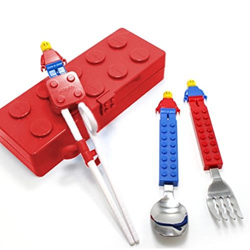 Stylish Oxford Block Figure Training Chopsticks, Spoon, Fork, and Case Set for Right-Handed Kids and Children (Red)