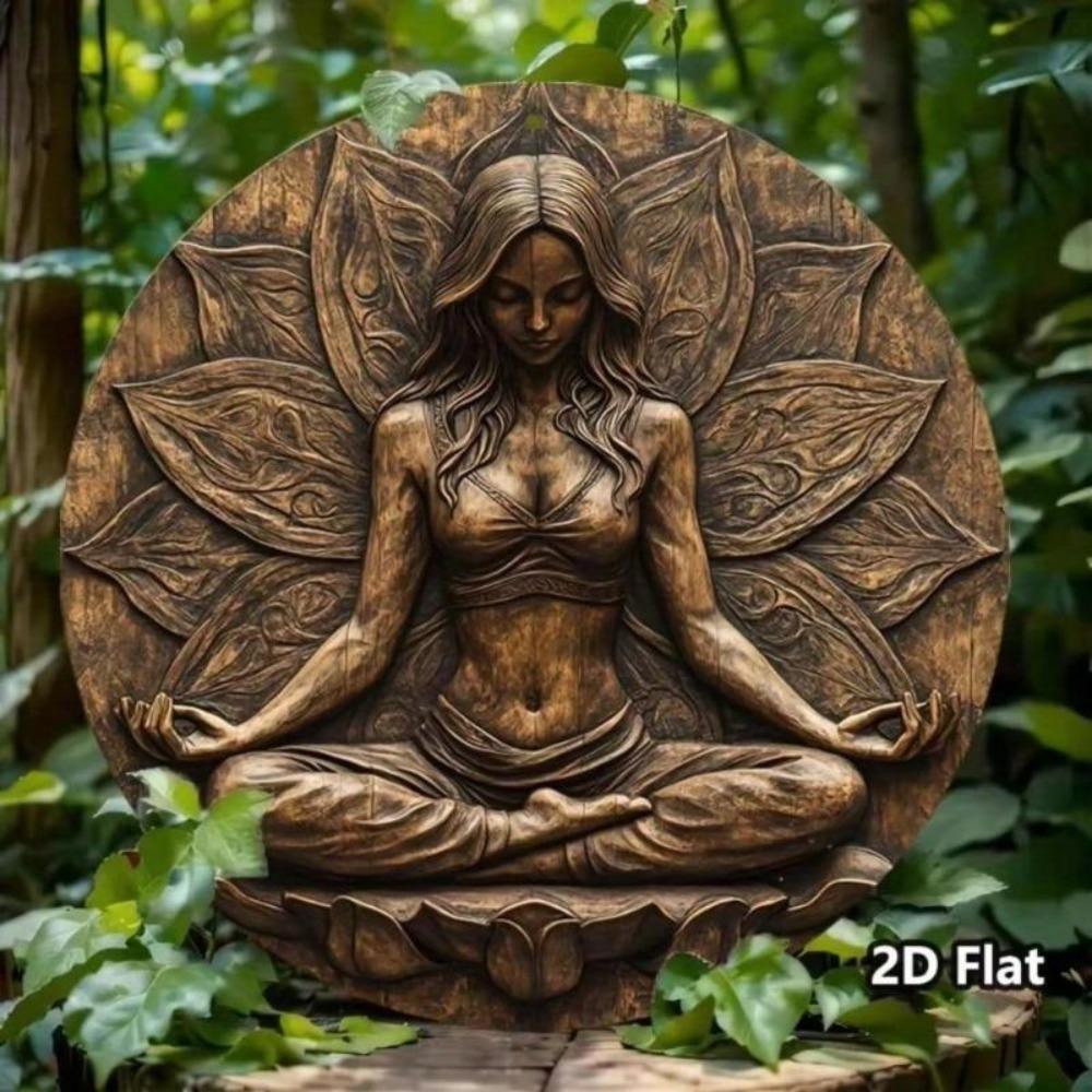 Vintage Yoga Theme Metal Wall Art Round Sign Meditation Lotus Flower Decor