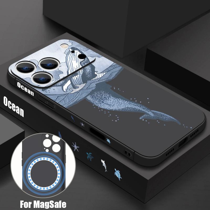 Magnetic For Magsafe Case For iPhone 17 Pro Max Blue Fish Whale Print Soft Silicone Phone Back Cover For iPhone 16 15 14 13 Pro Max 16e 17e