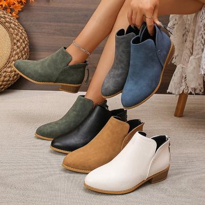 Damen Stiefeletten 2026 Herbst Runde Spitze Klobiger Absatz Reißverschluss Hinten Lässige Kurze Stiefel Kunstleder Bequem Damen Botas Mujer