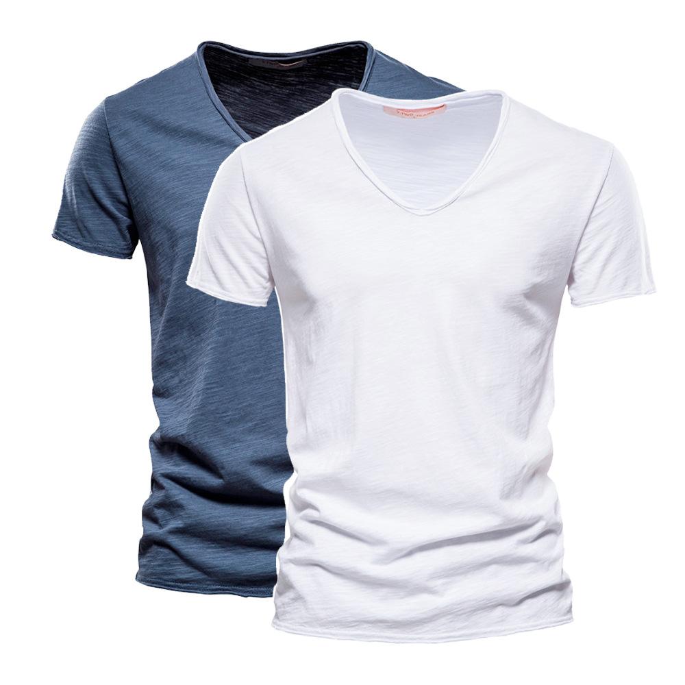 2 PC Summer Men'S New Solid Color Bamboo Cotton V-Neck Short Sleeved Pure Cotton T-Shirt