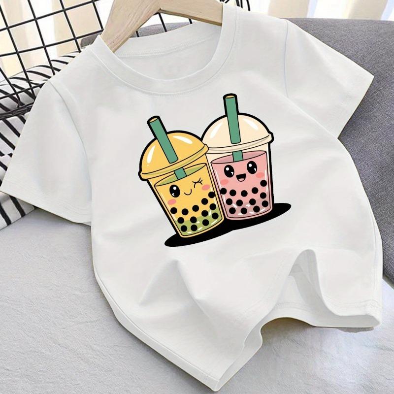 Cute Milk Tea Print Kids Crewneck Tee, Lightweight Comfort Casual Short Sleeve Summer Kids Top