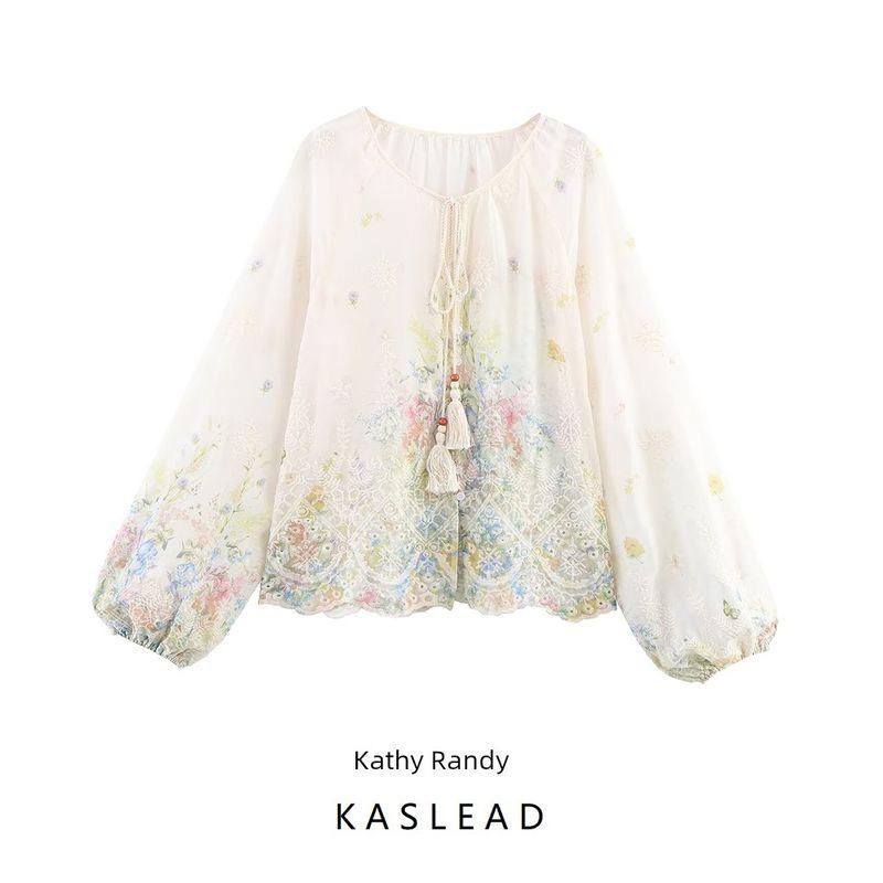 Kaslead New Women clothes Western Style Fashion Simple Lantern Sleeve round Neck Single Breasted Shirts