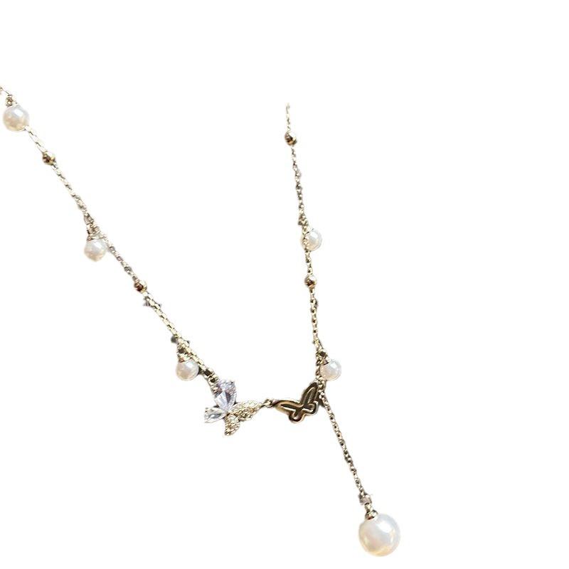 Hollow Double Butterfly Duplex Tassel Necklace Light Luxury Niche Design French Pearl Clavicle Chain Princess on the Run