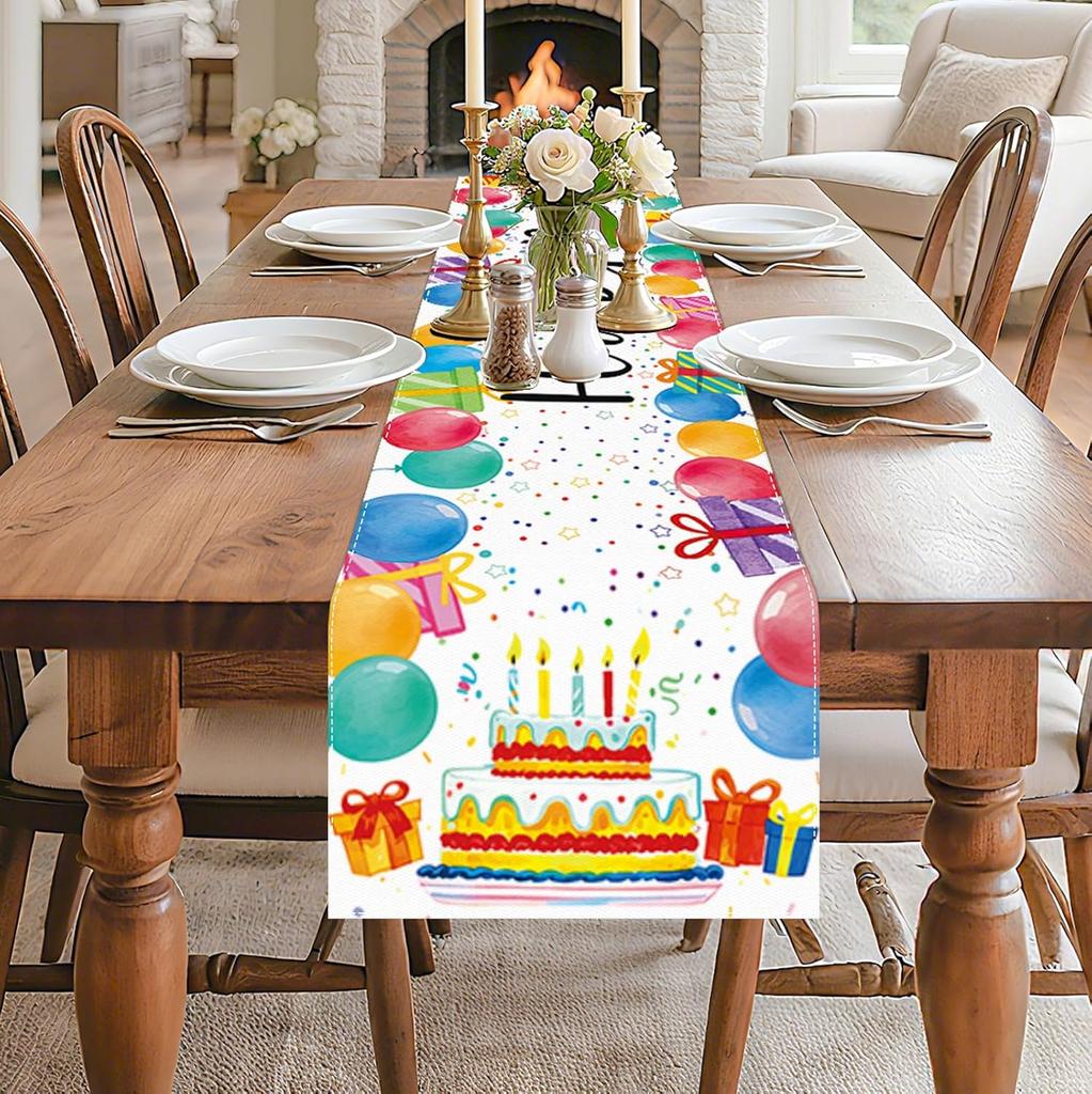 Happy Birthday Linen Table Runner Colorful Balloon Kitchen Dining Table Decoration Festive Balloon for Birthday Party Decor