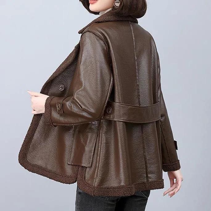 Kožená Dámská Plus Samet Podzim a Zima Kožešina Jedna Haining Plus Samet Zesílená Oboustranná Volná Kožená Bunda Westernový Styl Bunda