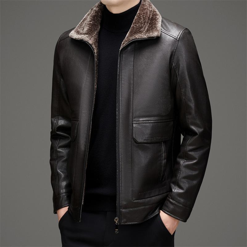 New Autumn and Winter Leather Jackets for Middle-aged and Elderly Dads, Down-lined Leather Jackets, Men's Business Casual Dad Outfits