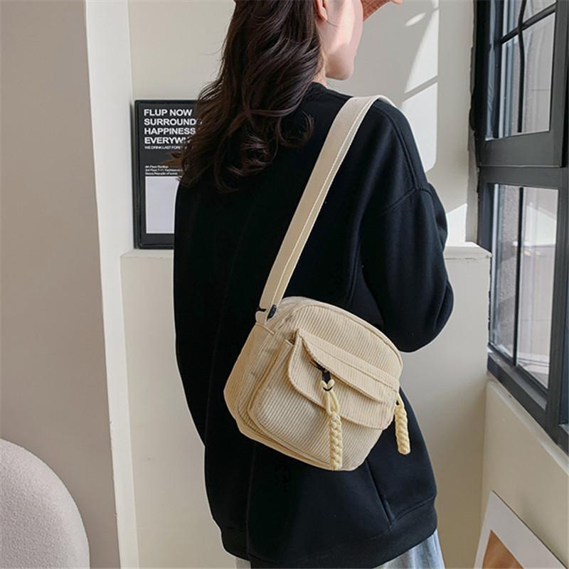 

Vintage Corduroy Crossbody Bag, Casual Zipper Shoulder Bag with Adjustable Strap, Polyester Lining, Striped Pattern Everyday Use бежевый