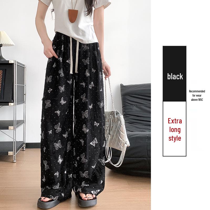 

Sweet Sister Style Butterfly Print Ice Silk High Waist Wide Leg Pants with Rhinestone and Ripped Details Small
