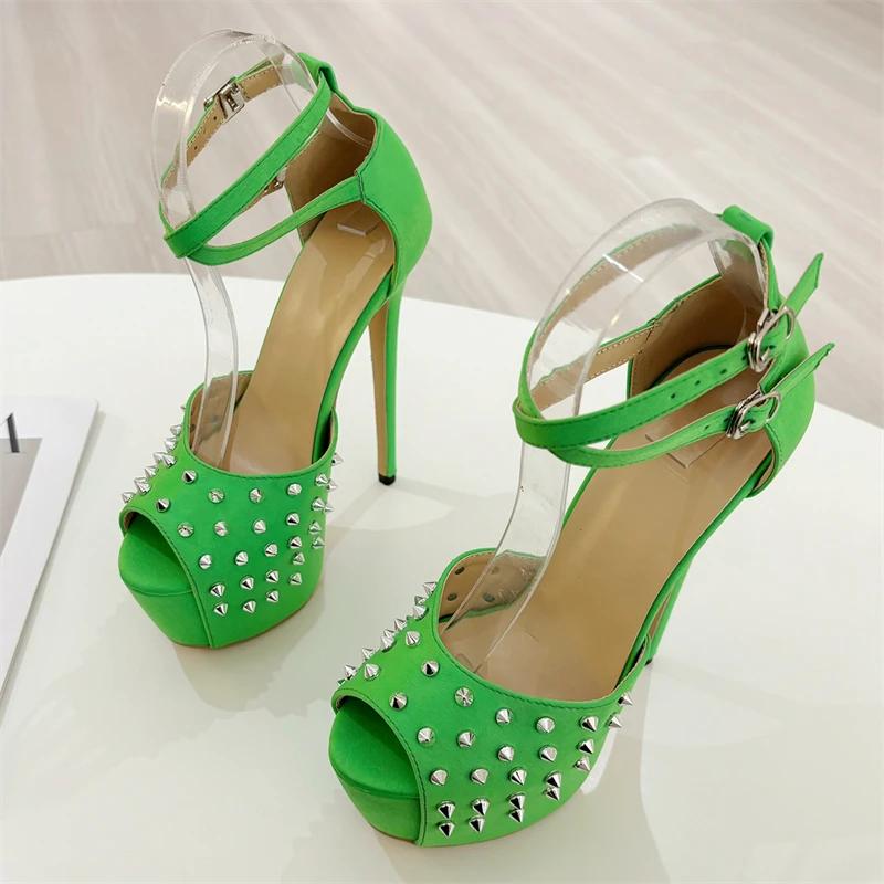 Fashion Eilyken Fashion Green Rivet Platform Buckle Strap Women Pumps Sexy Open Toe Ultra Stiletto High Heels Nightclub Prom Shoes