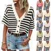 Dame våren topper Stripete Knappe ned V-hals Strikket bluse Sommer skjorter for kvinner Avslappet Kortermet Genser Dame Sommer skjorter