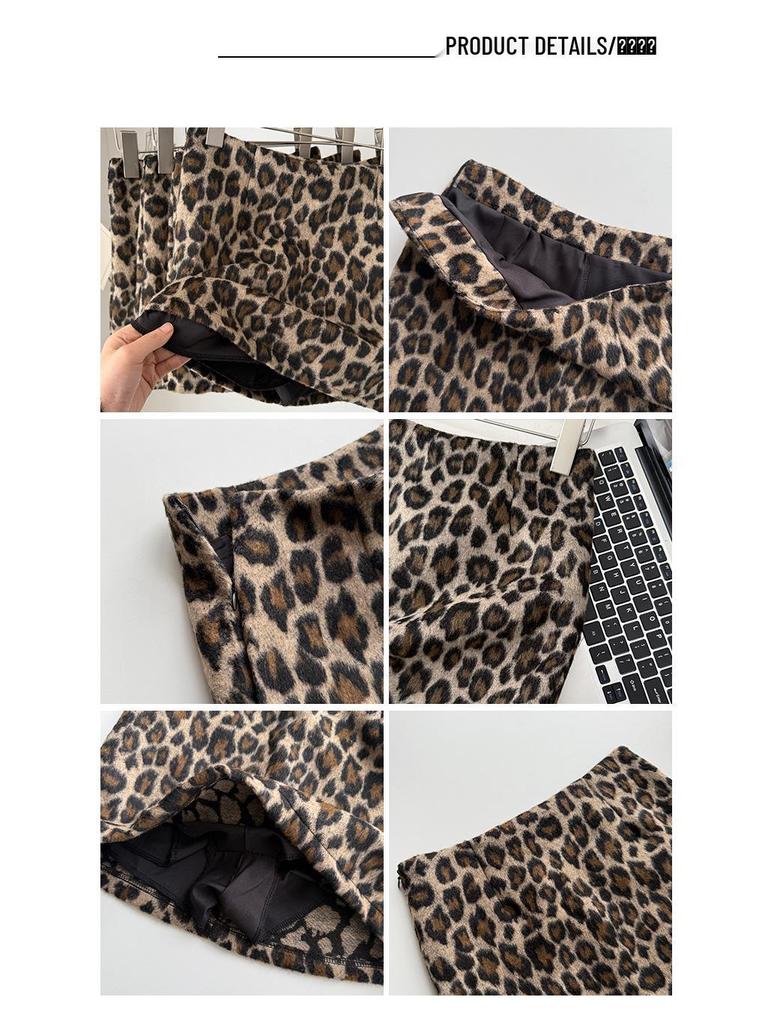 Retro Spicy Leopard Print Bodycon Woolen Skirt: Women's Slim High Waist A-line Autumn/Winter Style