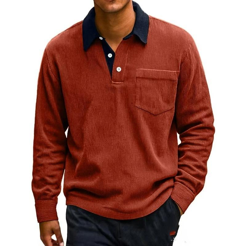 Autumn and Winter New Men's Retro Corduroy Button Pocket Color Blocked Casual Turn Down Collar Long Sleeved Polo Shirt for Men