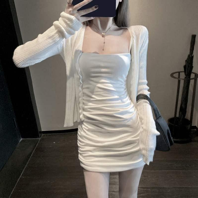 Stylish Summer Spaghetti Strap Dress & Knit Cardigan Set S