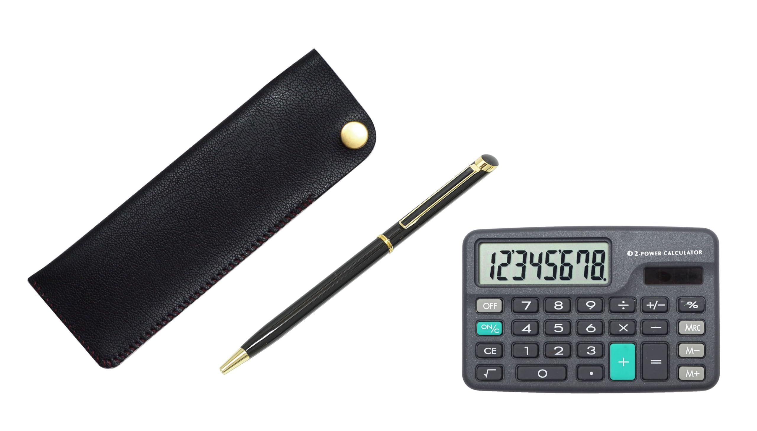 

Black pen case with mini calculator and epoxy rotating ballpoint pen set snap-fastening (black) T23-D-NK01B-WD002-B чёрный