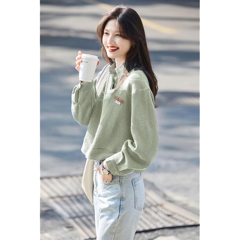 [Sayla] tops pullover long sleeve jacket ladies switching fake layered stripe shirt Thick polo shirt folded collar Fashionable sweater Beautiful