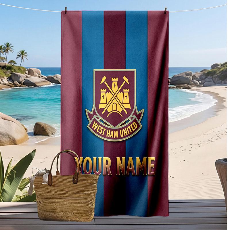 West Ham United FC Personalized Printed Beach Towel Soccer Logo Support Custom Name Text Absorbent Towel For Sport Travel Special Gift