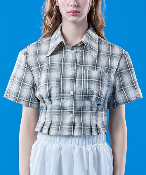 KOLEAT Summer Resort Check Cooling Slim Crop Short Sleeve Shirt [Ivory]
