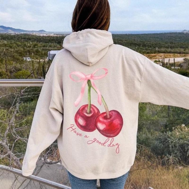 European Women's Cherry Coquette Ribbed Hoodie Sweatshirt