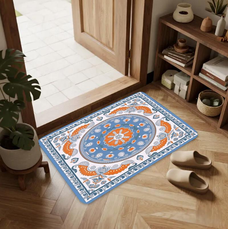 

Mandala Flower Pattern Blue Orange Half Round Carpet Mat Rug Home Decoration Entryway Door Bohemian Vintage Non Slip Durable 40x60cm