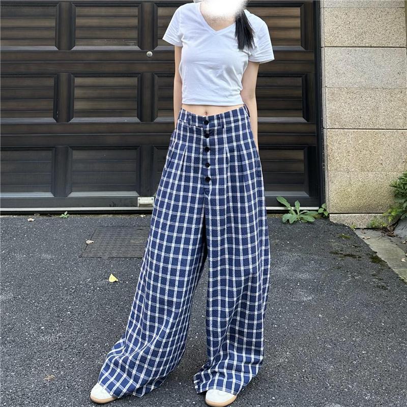 

Korean Style Retro Blue Plaid Wide-Leg Pants for Women - Straight Leg Button Design, 2025 Spring & Autumn Collection XS (60-79 lbs)