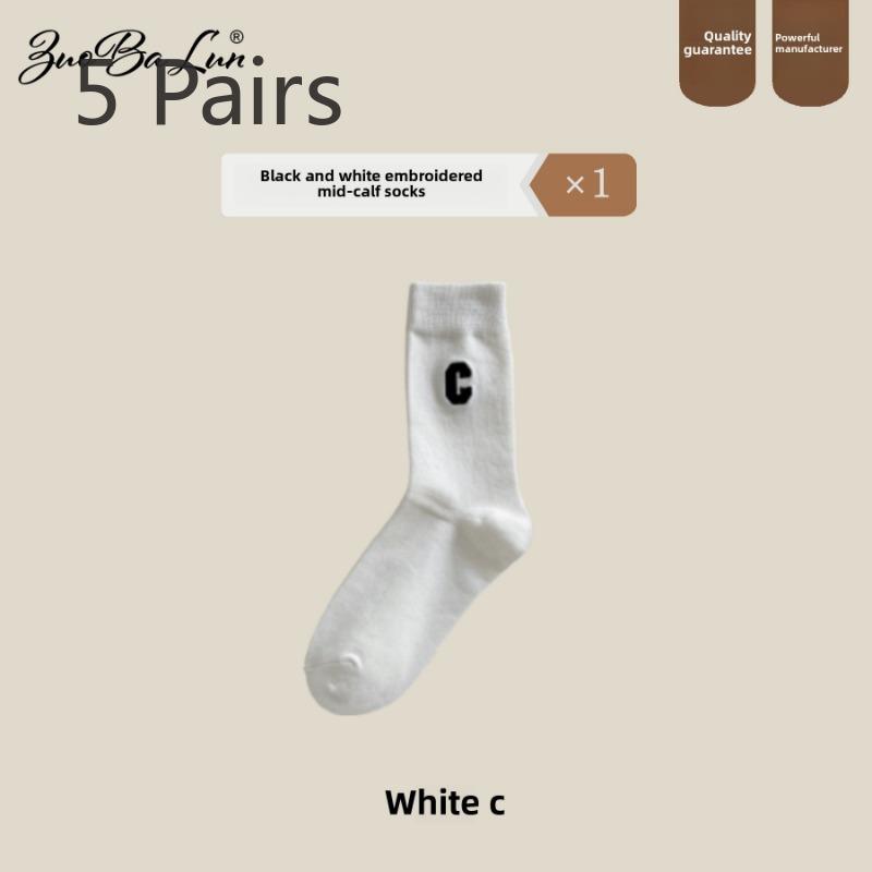 5 Pairs of Women's Summer Thin Letter Embroidery In The Tube Trend All Match Cotton Pile Socks