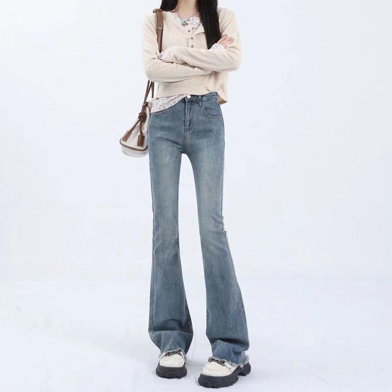 

Джинсы микро-клеш с необработанным краем и высокой посадкой для женщин - Стройнящие, маленькие и больших размеров, брюки в пол для весны/осени 2024. XL бежевый