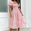 Women Dress Plaid Print Puffy Sleeve Square Collar High Waist Summer Swing Dress for Party