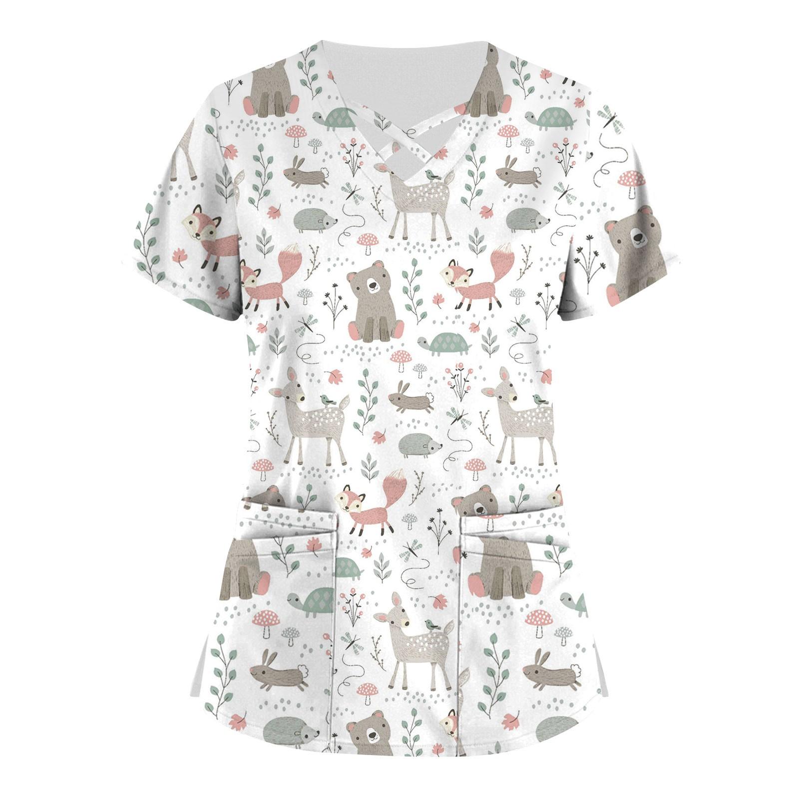 

(Куниде) Плюс размер, милая рабочая форма с принтом, топы для женщин, забавные футболки с перекрестным v-образным вырезом и короткими рукавами, рабочая одежда, футболка с карманами M белый